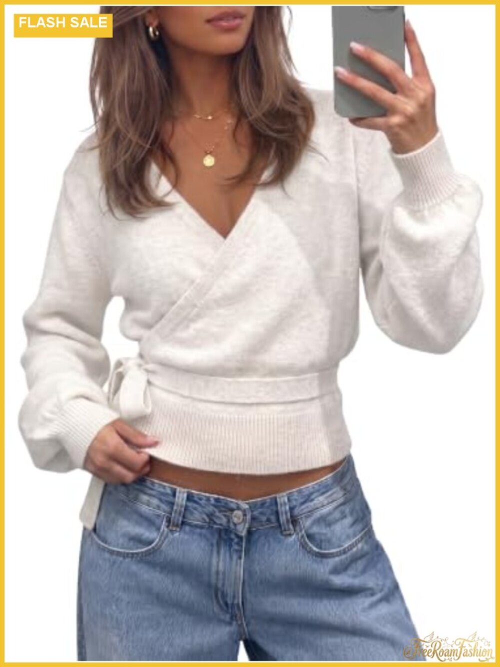 Women's V-Neck Wrap Cardigan Sweater Belted Long Lantern Sleeve Slim Fit Knit